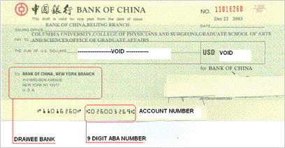 Image of sample foreign check with bank name and account number areas highlighted.
