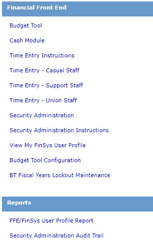 Screenshot of legacy budget links in FinSys at myColumbia.