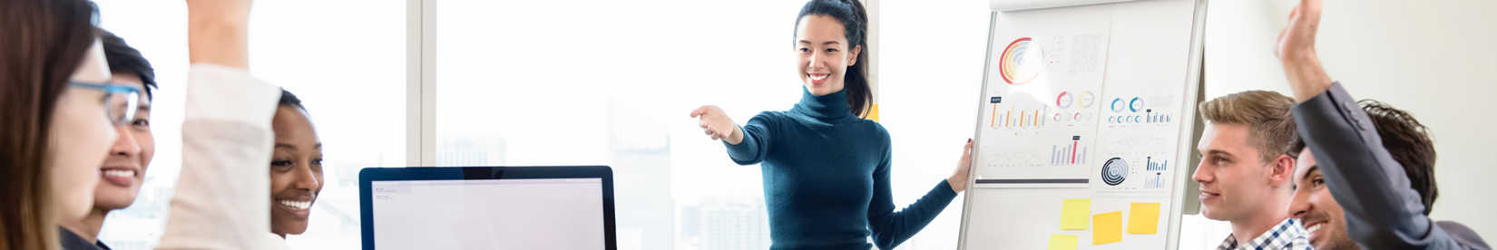 Woman with blue turtle neck sweater on teaches a class of five people from a whiteboard.