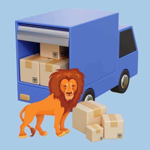 Animated image of delivery truck with open back door and a lion standing beside a stack of boxes.