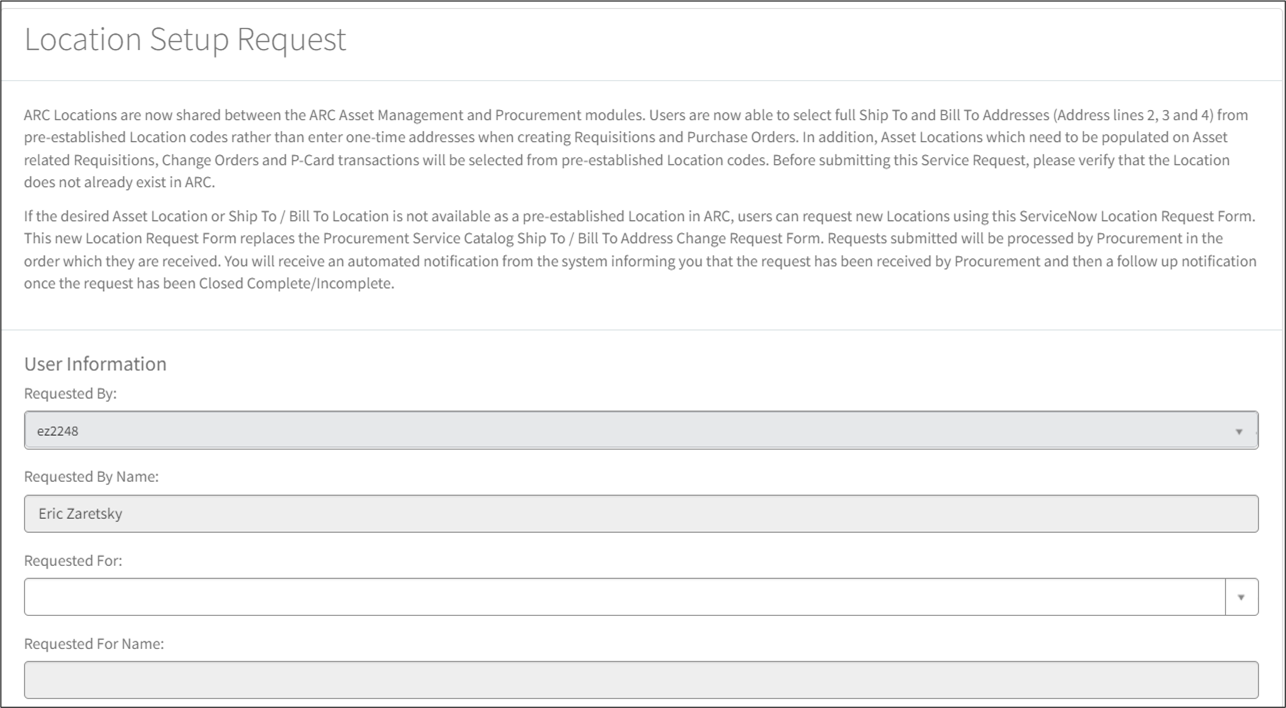 ServiceNow Location Setup Request Form