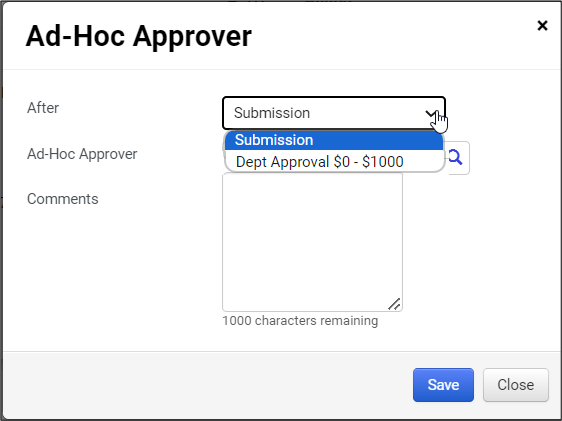 CU Marketplace Ad-Hoc Approver window