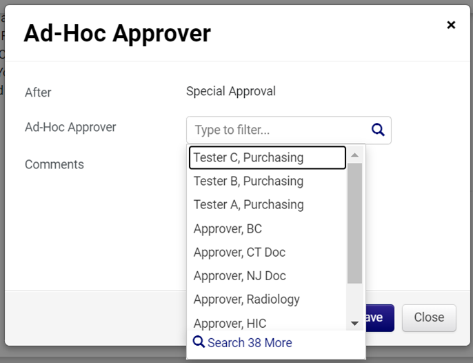 CU Marketplace Ad-Hoc Approver window After dropdown