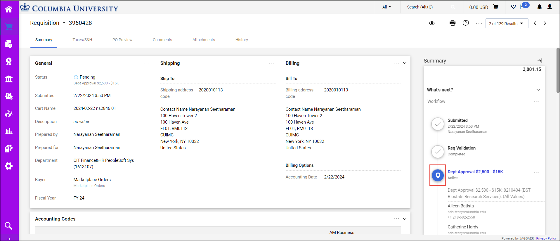 CU Marketplace Requisition Summary