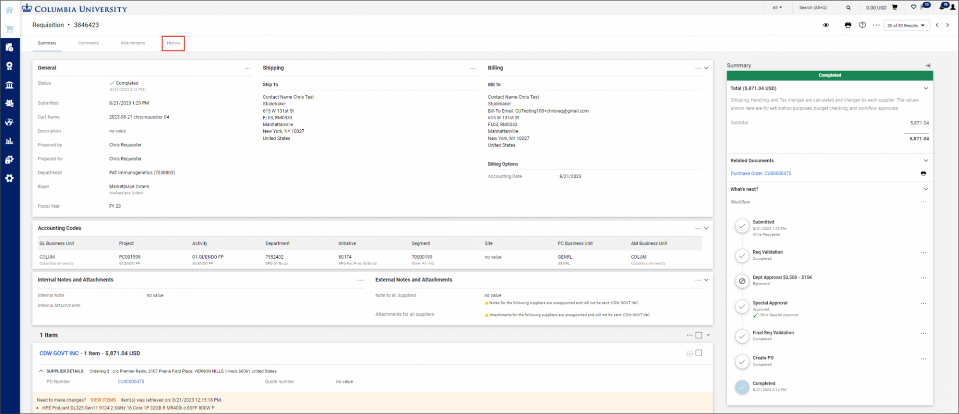 CU Marketplace Requisition History