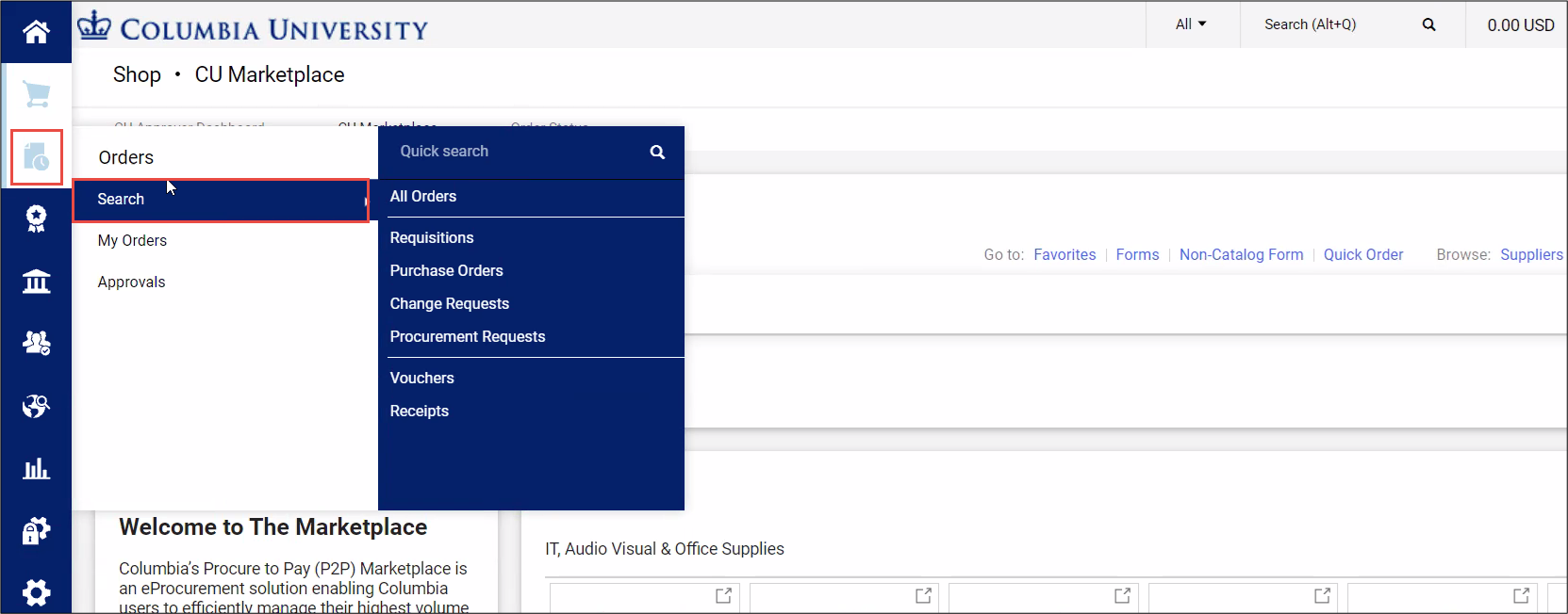 CU Marketplace Orders Search Menu