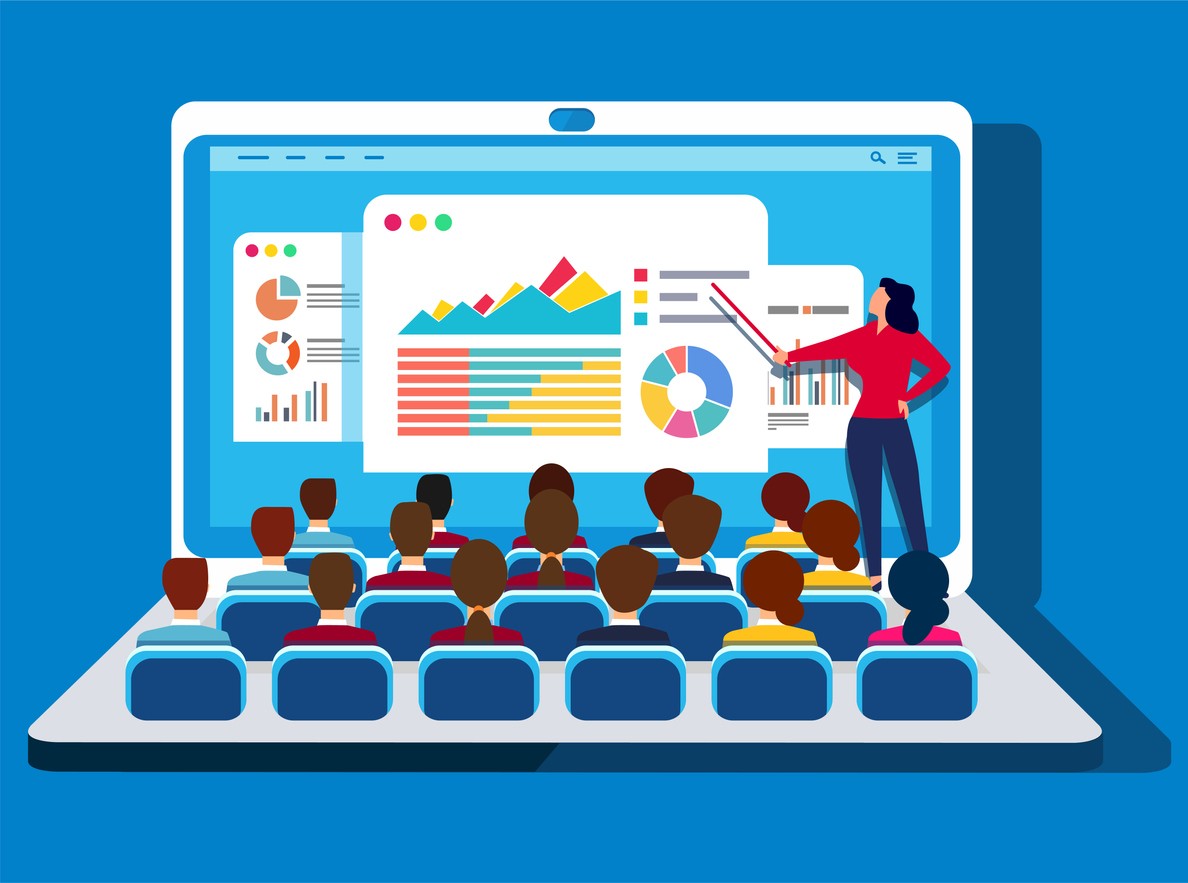 Animated image depicting people seated on a laptop keyboard watching a presentation on the laptop screen to reflect online learning.