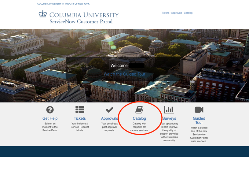 Screenshot of the ServiceNow portal, showing a red circle around the Catalog button.