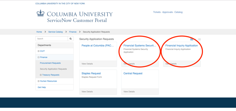 Screenshot of the ServiceNow portal, with a red circle around the boxes labeled Financial Systems Security Application or Financial Inquiry Application.