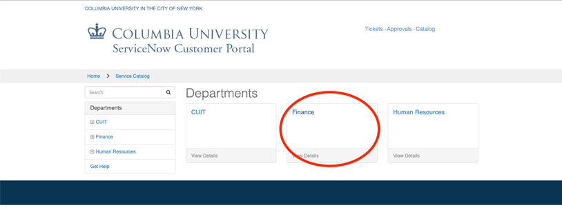 Screenshot of the ServiceNow portal, with a red circle around the box labeled Finance.