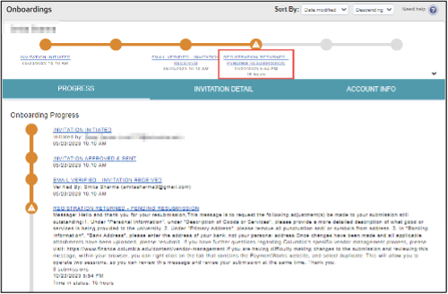 The Invitation Detail screen with a message sent by Vendor Management to the vendor.