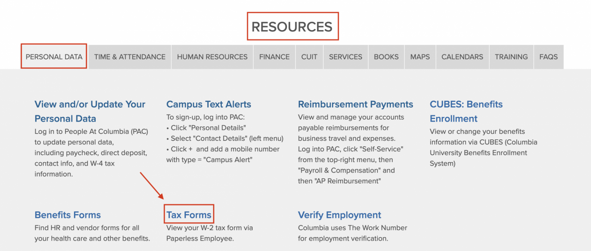 Screenshot of Personal Data options Arrow pointing at Tax Forms selection
