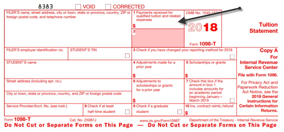 2018 IRS Form 1098-T screen shot sample.