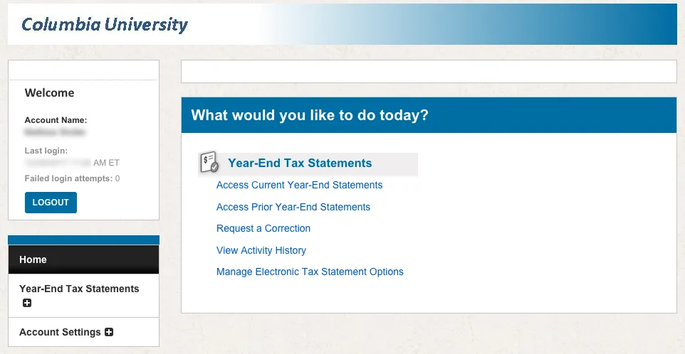 Screenshot of MyColumbia web portal.