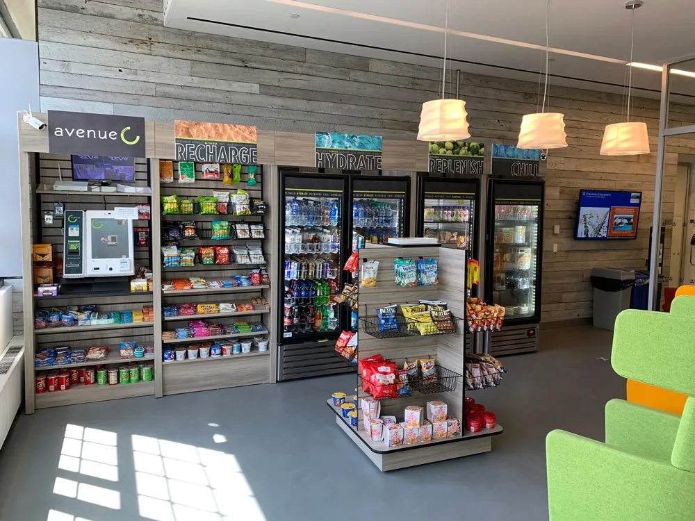A self-checkout food and beverage service at the 6th-floor elevator atrium.