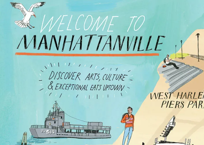 Illustration with the words, "Welcome to Manhattanville" and "Discover arts, culture, & exceptional eats uptown."