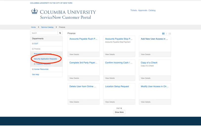 Screenshot of the ServiceNow portal, with a red circle around the link labeled Security Application Requests..